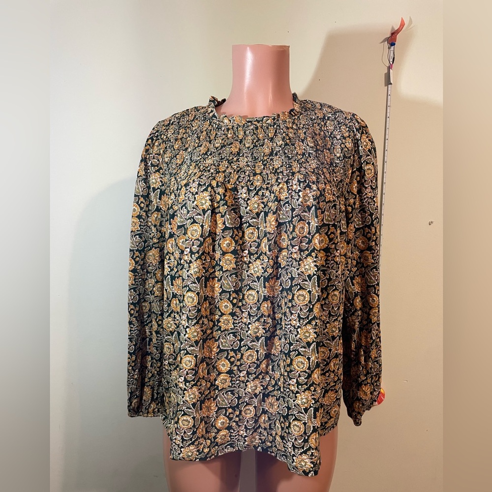 Wonderly Shirt blouse top women's PL earth tone Green‎ Yellow floral pattern